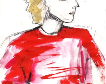 Illustration de mode en robe rouge : portrait féminin minimaliste (téléchargement numérique)