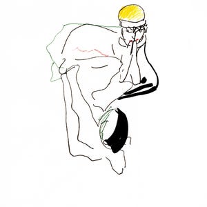 May include: A whimsical line drawing on a white background. The illustration features two figures, one with a yellow hat and glasses, and the other with a black band. The artwork is rendered in black, green, red, and yellow.