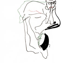 Impression d'art abstrait couple | Dessin au trait minimaliste | Crayon de couleur vintage | Décoration murale unique