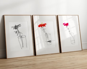 Lot de 3 tirages d'art au trait fleur | Art mural botanique | Téléchargement numérique