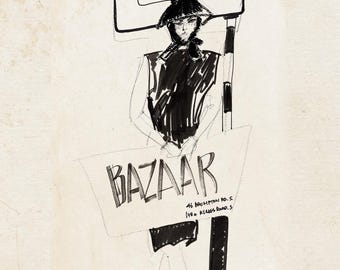 Impression de croquis de mode Mary Quant 1959 : dessin au trait de robe vintage (téléchargement numérique