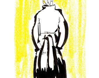Impression d'art inspirée de Jil Sander | Illustration de mode jaune minimaliste | Croquis abstrait de créateur | Téléchargement numérique