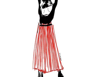 Jupe plissée rouge | Illustration de la mode moderne | Imprimé abstrait rouge et noir | Décoration murale audacieuse