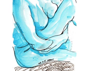 Impression d'art aquarelle bleue | Dessin abstrait | Décoration murale moderne | Arts techniques mixtes