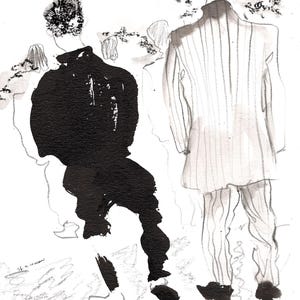 Pode incluir: Ilustração a tinta de duas figuras em trajes de moda. Uma figura está com um traje preto, a outra com um fato risca de giz. A obra de arte é em preto e branco, com um estilo solto e expressivo, sugerindo um esboço de moda ou um conceito de design.