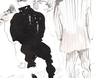 Impression d'illustration de mode avant-gardiste, croquis de mode masculine à l'encre moderne, art mural inspiré de Comme des garçons, dessin de silhouette masculine minimaliste