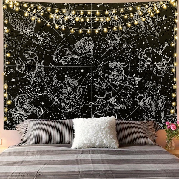 Belle tapisserie 12 constellations, tarot, bohème à accrocher au mur pour salon, chambre, dortoir