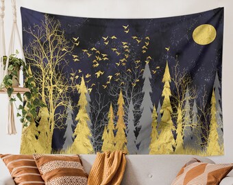 Beautiful Full Moon Deep Forest Tapestry, Golden Boho Tapestry for Living Room,Bedroom,Dorm