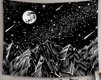 Sevenstars Mountain Tapestry Moon Star Tapestry Starry Night Sky Tapestry Black and White Mountains Tapestry for Room