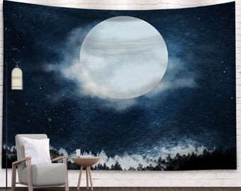 Psychedelic Blue Moon Wall Tapestry, Nature Starry Night Sky Star Wall Tapestry, Feminist Wall Hanging for Living Room,Bedroom,Dorm