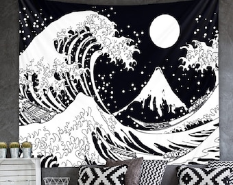 Beautiful Great Wave view Wall Tapestry, Black and White landscape for Living Room,Bedroom,Dorm