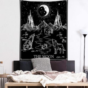 Tapisserie murale loup et lune, tapisserie du tarot, tenture murale noire et blanche pour salon, chambre, dortoir