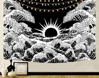 Sunset Ocean Wave Tapestary Wall Tapestry, Moon Night Wall Hanging for Living Room,Bedroom,Dorm