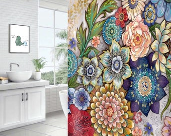 Elegance Boho Flower Shower Curtain For Bathroom, Waterproof Curtain, Bathroom Decor