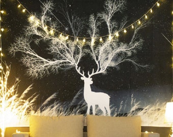 Psychedelic Deer night forest Tapestry, Galaxy Wall Hanging, Mural for Bedroom, Living Room, Dorm, Home Decoration