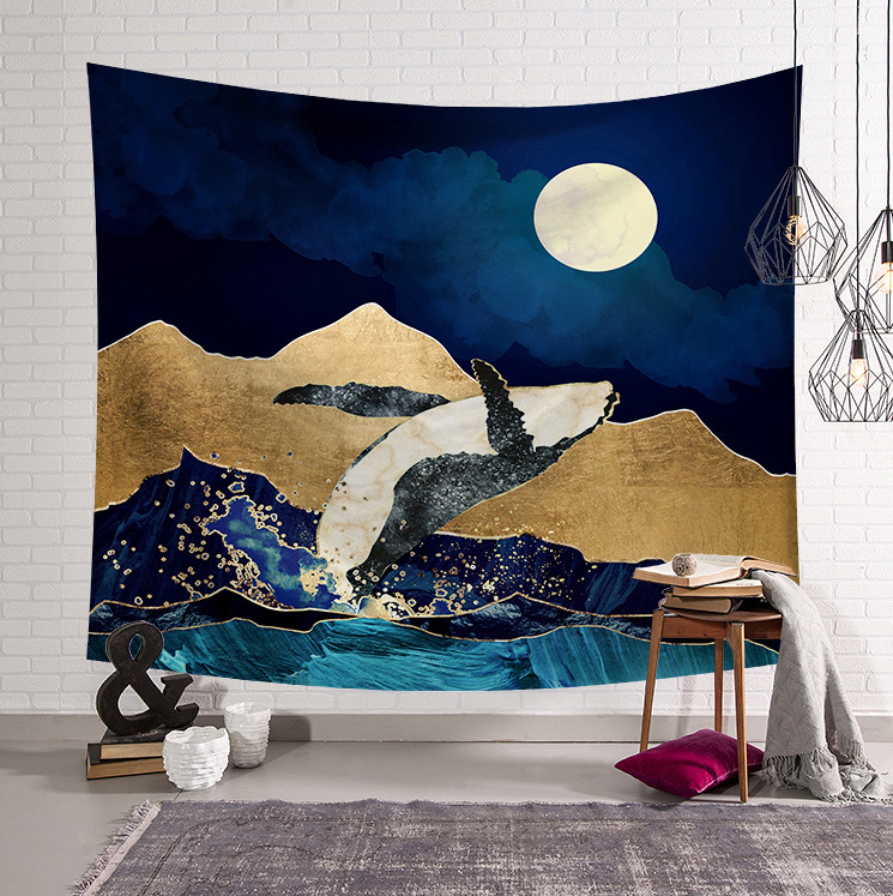 Hermoso tapiz de luna de montaña ballena colgante de pared de | Etsy