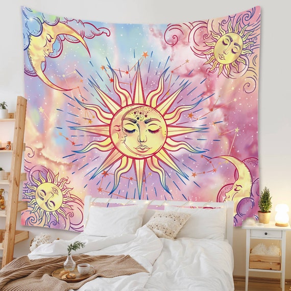 Beautiful Psychedelic Moon and Sun Tapestry Day and Night Wall