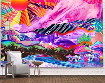 Psychedelic Mushroom World Forest Tapestry, Colorful Tapestry Wall Tapestry for Living Room,Bedroom,Dorm