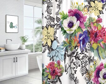 Beautiful Flower Shower Curtain For Bathroom, Colorful pattern Waterproof Curtain, Bathroom Decor