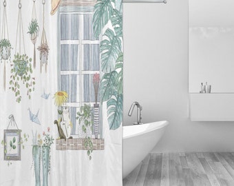 Village Cat in the rain Shower Curtain For Bathroom, Cartoons Kitten with Tail Waterproof Curtain,Bathroom Decor