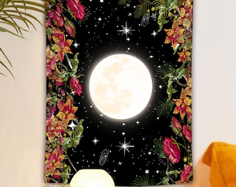 Moon Galaxy Tapestry, Flower Wall Tapestry for Living Room,Bedroom,Dorm