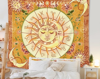 Beautiful Boho Sun and moon Tapestry, Psychedelic Wall Tapestry for Living Room,Bedroom,Dorm