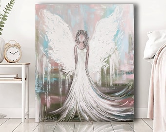 CUSTOM ORIGINAL Art Abstract Angel painting Canvas art Oil painting Textured impasto Home decor Guardian Angel wings Wall art home decor
