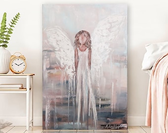 CUSTOM ORIGINAL Art Abstract Angel painting Canvas wall art Oil painting Textured impasto Home decor Guardian Angel wings Boho home decor