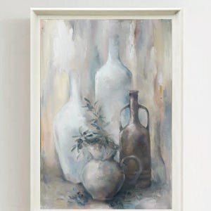 Original Oil Painting Still Life with Olive Branch Vases Bottles Floral still life Realistic Modern Wall Art Hand Painted Impressionism