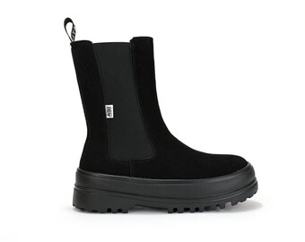 Black Suede Mid Calf Chunky Chelsea boots