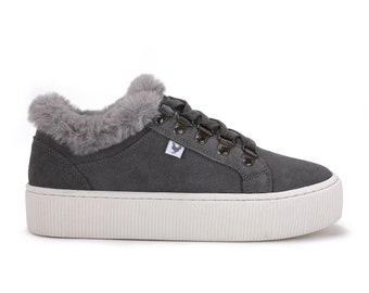 Grey Suede and Faux Fur Platform Sneakers for Women