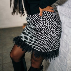 Black and white cotton feather mini skirt