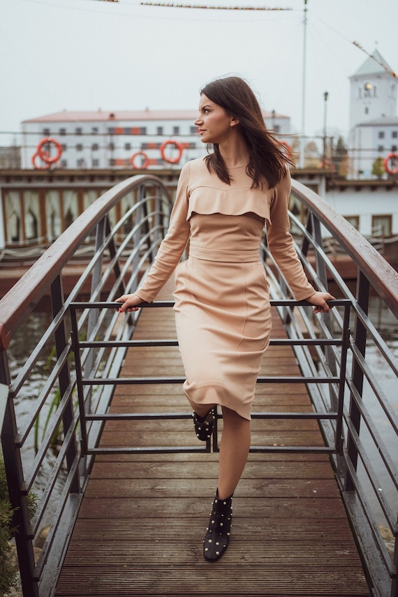 Two piece long sleeved viscose jersey Ruth dress with or without nursing option - pencil skirt and ruffled top snapped in waist Two piece long sleeved viscose jersey Ruth dress with or without nursing option - pencil skirt and ruffled top snapped in waist