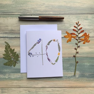 Carte d'anniversaire fleur pressée | 40 | Carte 40e anniversaire | Carte d'anniversaire | Amitié | Vide à l'intérieur