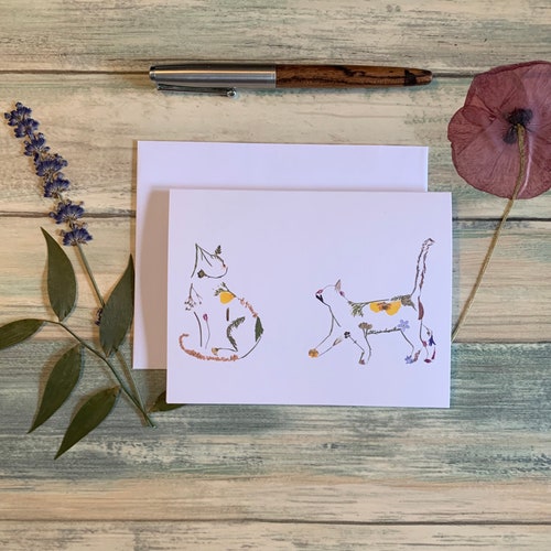 Pressed Flower Greeting Card | Birthday Card | Birthday Card for Her Him | Cats | Cat Lover | Blank Inside