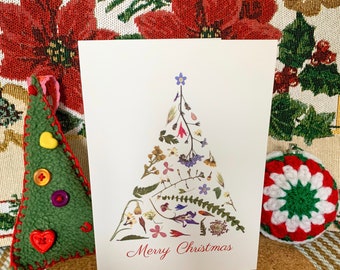 押し花クリスマスツリーカード：花のホリデーグリーティング - Etsy 日本