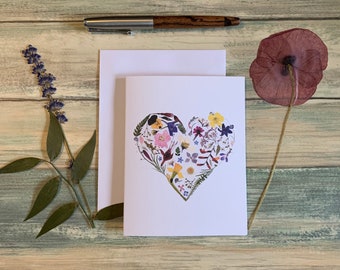 Pressed Flower Greeting Card | Heart Card | Birthday Card | Friendship | Valentine&#39;s Day | Blank Inside