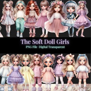 90 Watercolor Soft Doll Girls Clipart | Pastel Transparent PNG Dolls for Journals, Stickers, Scrapbooking
