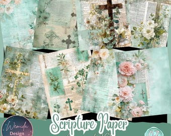Puede incluir: Una colección de papeles de escritura de estilo vintage con diseños florales y de cruces. Los papeles presentan una paleta de colores suaves de color turquesa, crema y rosa, con delicados arreglos florales y cruces. El texto "Scripture Paper Journal Kit" es visible.
