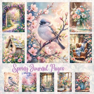 Könnte beinhalten: Eine Sammlung von Aquarellillustrationen mit Frühlingsszenen. Zu den Bildern gehören ein Vogel auf einem Ast, ein Vogelhaus, Blumenarrangements, ein Gartentor und ein gemütlicher Sessel. Der Text "Spring Journal Pages" ist in dekorativer Schrift dargestellt.