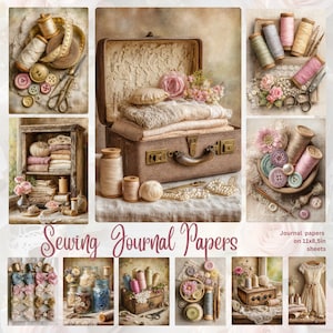 May include: A collage of vintage sewing supplies, including spools of thread, buttons, scissors, and lace. A suitcase is open, filled with fabric and a pink rose. The text "Sewing Journal Papers" is displayed, along with "Journal papers on 11x8.5in sheets".