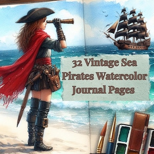 Pages de journal d'aventures pirates - bateau pirate vintage, cartes au trésor, haute mer, clipart aquarelle