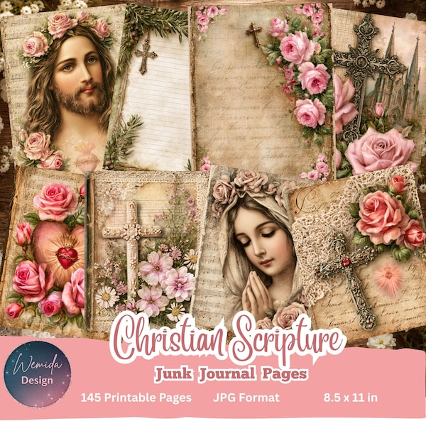 Pages imprimables pour journal chrétien, kit de journal de foi, papier pour journal de prière, éphémères religieux style shabby chic, téléchargement numérique