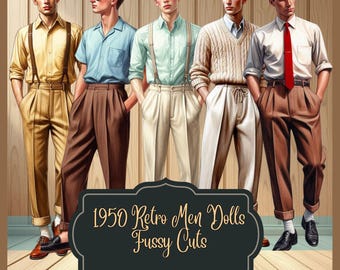 Może przedstawiać: Ilustracja pięciu mężczyzn w strojach retro z lat 50. Mężczyźni mają na sobie koszule zapinane na guziki, szelki i plisowane spodnie w różnych kolorach. Obraz zawiera tekst "1950 Retro Men Dolls Fussy Cuts" w ozdobnej ramce.