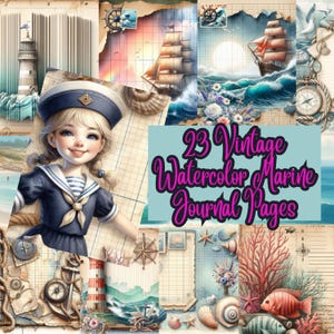 Marine Junk Journal Pages – 23 Watercolor Nautical Backgrounds – JPG & PDF for Scrapbooking and Printable Journal