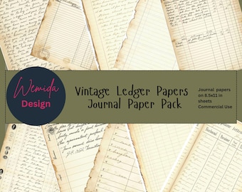 May include: A collection of vintage ledger and journal papers with aged, torn edges. The papers feature handwritten notes, lines, and columns. The image includes text that reads "Vintage Ledger Papers Journal Paper Pack" and "Journal papers on 8.5x11 in sheets Commercial Use."