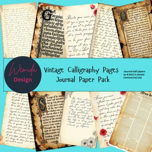 Può includere: Una collezione di pagine di diario di calligrafia vintage con texture di carta invecchiata. Le pagine presentano testo scritto a mano, bordi decorativi e accenti floreali. L'immagine include il testo "Vintage Calligraphy Pages Journal Paper Pack".
