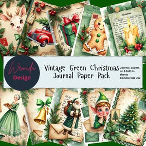 Vintage Green Christmas Journal Pages | Junk Journal Kit | Scrapbook Paper | Printable Ephemera || Retro Christmas Decor