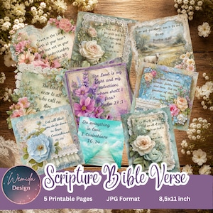 May include: A collection of five printable pages featuring floral designs and Bible verses. Each rectangular card displays scriptural text, including Proverbs 3:5, Isaiah 41:10, Matthew 28:20, Psalm 27:1, 1 Corinthians 13:13, and 1 Corinthians 16:14.