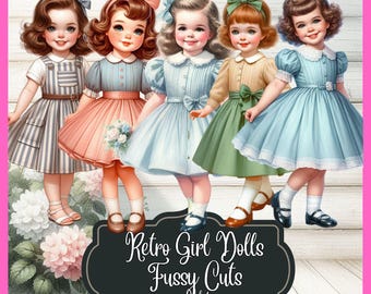 Retro Watercolor Girl Clipart, Full Body Dolls, Scrapbooking (Digital Download)
